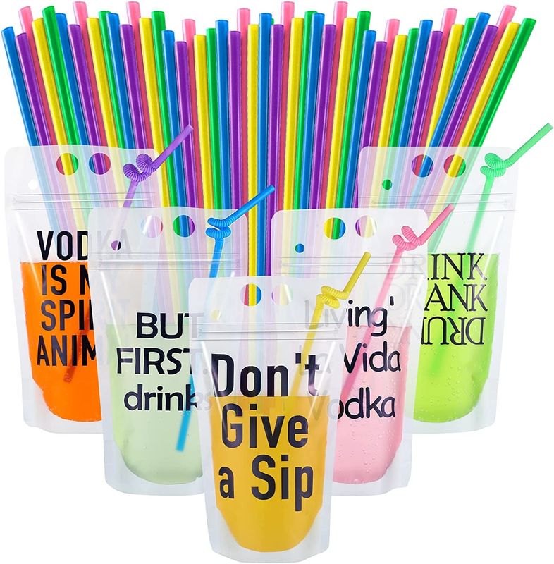 Party Beverage Drink Pouch With Straws Novelty Funny Translucent Zipper Plastic Pouches Drink Bags